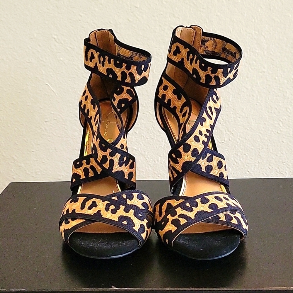 Jessica Simpson leopard strap heels